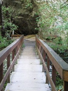 wood bridge leading to a roped off cave