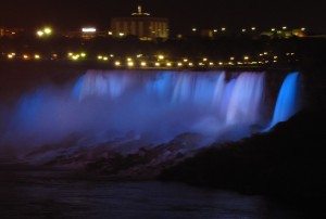 American Falls at Niagara illuminated blue