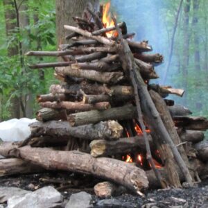 a bonfire - wood stacked in a tower