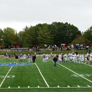 a football game in progress. the field has a blue trident in the center -
